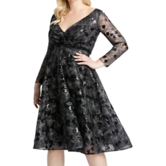 MAC DUGGAL LONG SLEEVE SEQUIN LACE MIDI COCKTAIL BLACK DRESS sz 12 - Picture 1 of 3